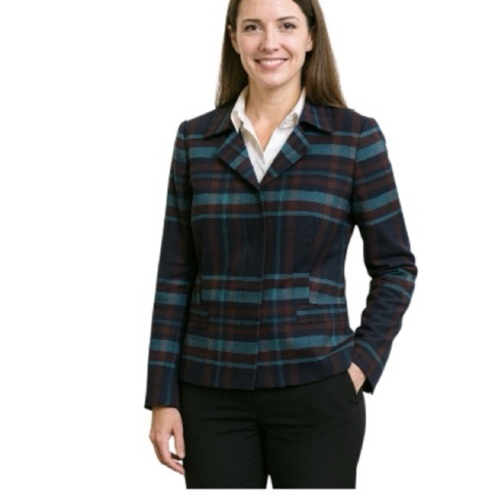 Hugo Boss Blue/brown/navy Plaid Virgin Wool Snap Buttons Blazer size 6